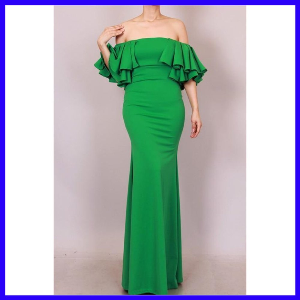 NWT Ruffled Off Shoulder Mermaid Maxi Dress Green - Picture 1 of 6